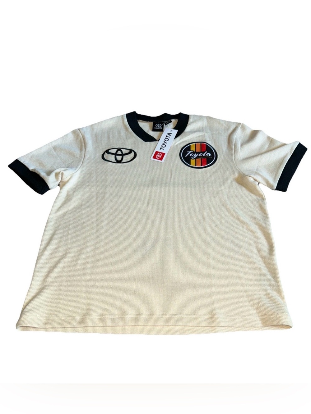 Toyota Men’s LAND CRUISER V-neck Ringer Shirt Sz M Embroidered Patch Retro